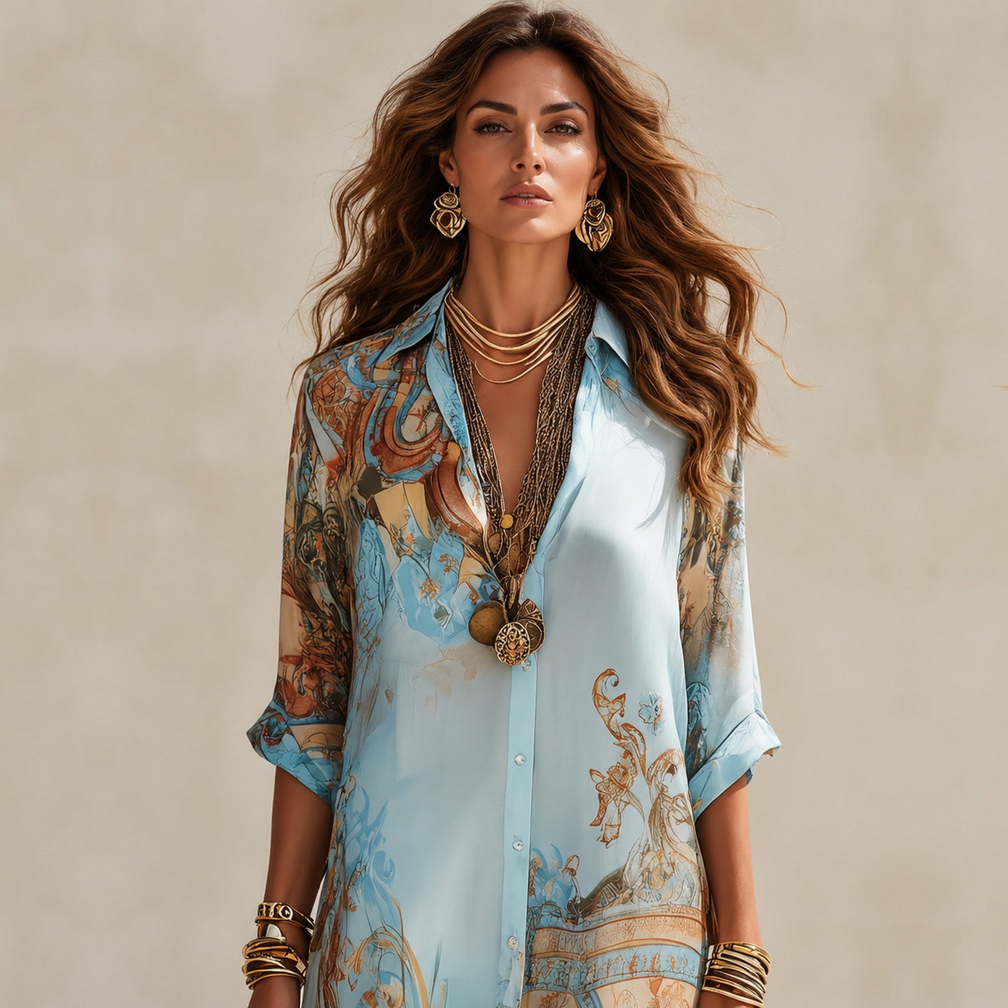 Abito Camicia Boho Azzurro in Chiffon