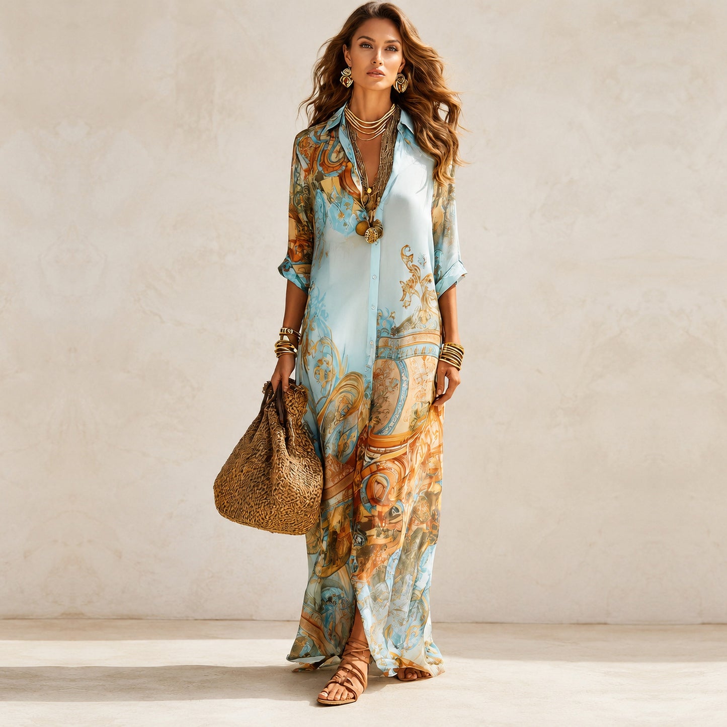 Abito Camicia Boho Azzurro in Chiffon
