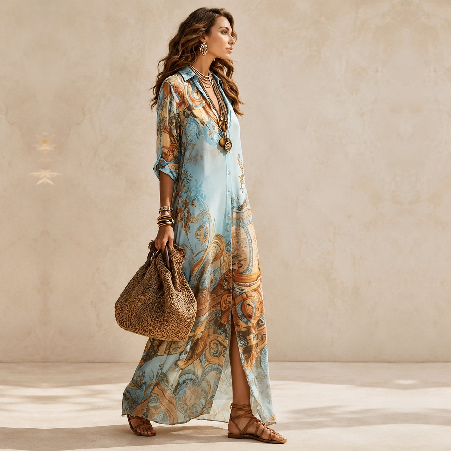 Abito Camicia Boho Azzurro in Chiffon