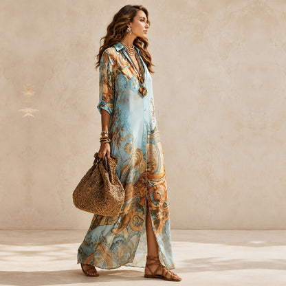 Abito Camicia Boho Azzurro in Chiffon