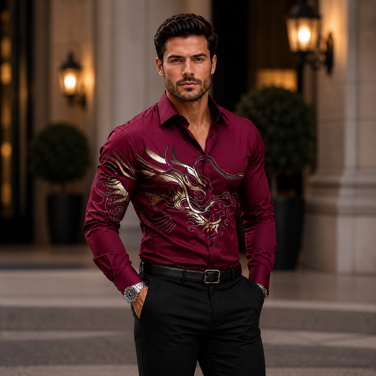 Camicia Uomo Bordeaux con Drago – Elegante, Audace e Moderna