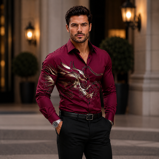 Camicia Uomo Bordeaux con Drago – Elegante, Audace e Moderna
